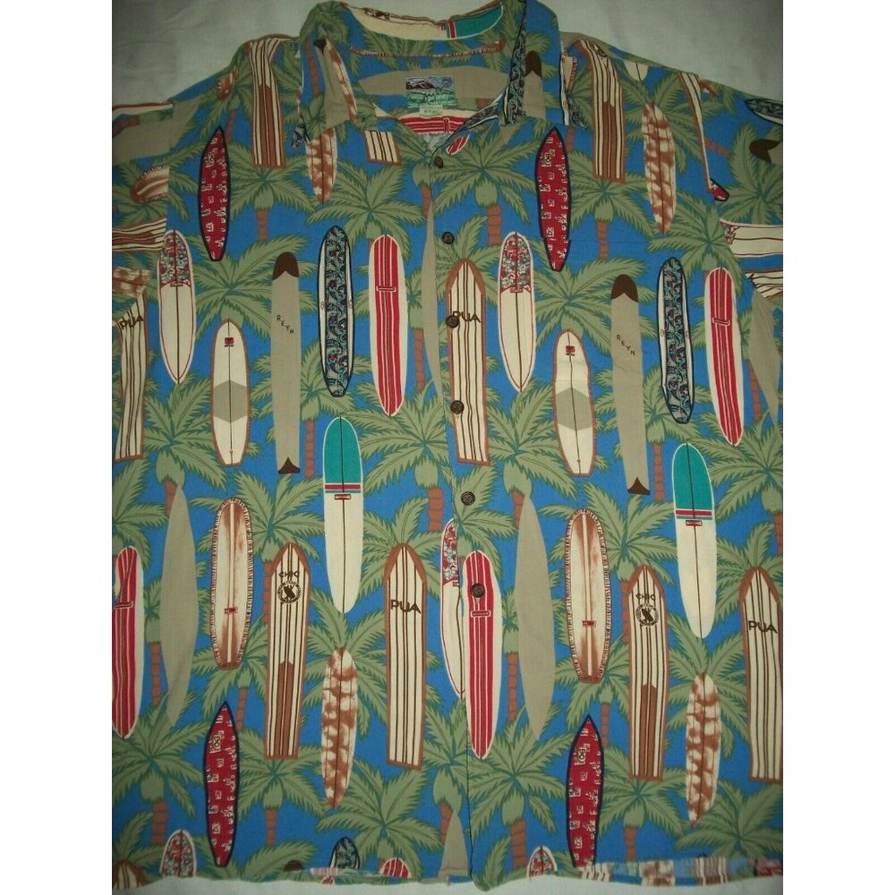 Reyn Spooner Mens Green Hawaiian Shirt Palms Surfboards Blue Size XL